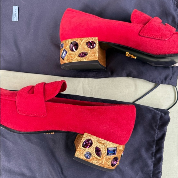 Prada Red Suede Jeweled Block Heel Loafers - Picture 8 of 9